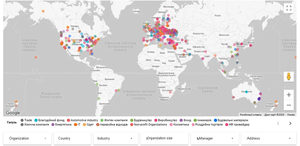 Demonstration partner-organization map; markers are not donors from the CRM table.